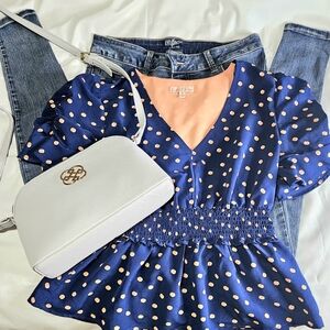 Rabbit ROSE NAVY AND PEACH POLKA DOT SIZE M SMOCK PEPLUM Top